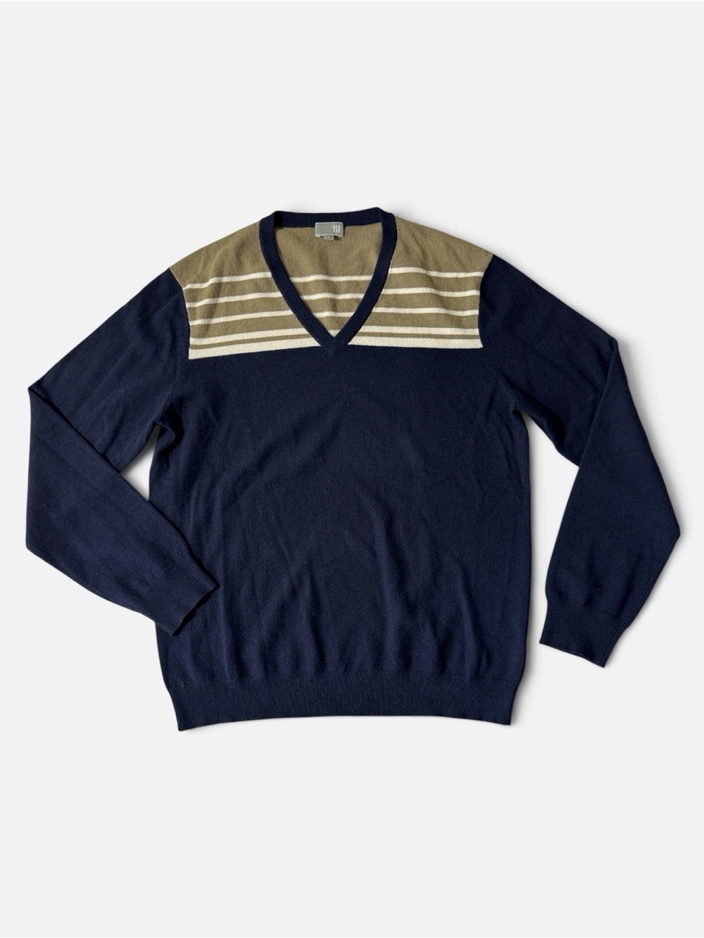 TSE mens L Large navy blue tan stripe v-neck 100% cashmere pullover sweater